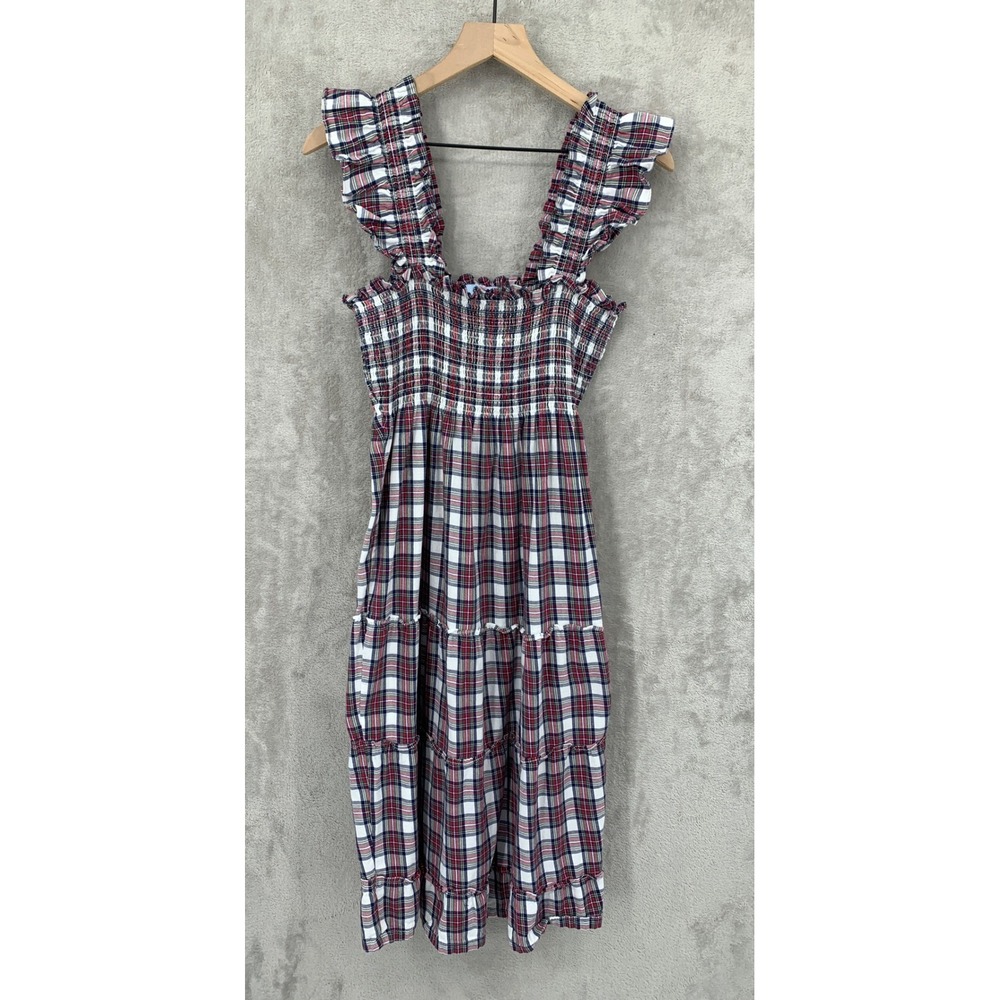 Hill House Dress Large Red Blue Plaid Ellie Nap Dress Ruffle Smocked Tiered Maxi